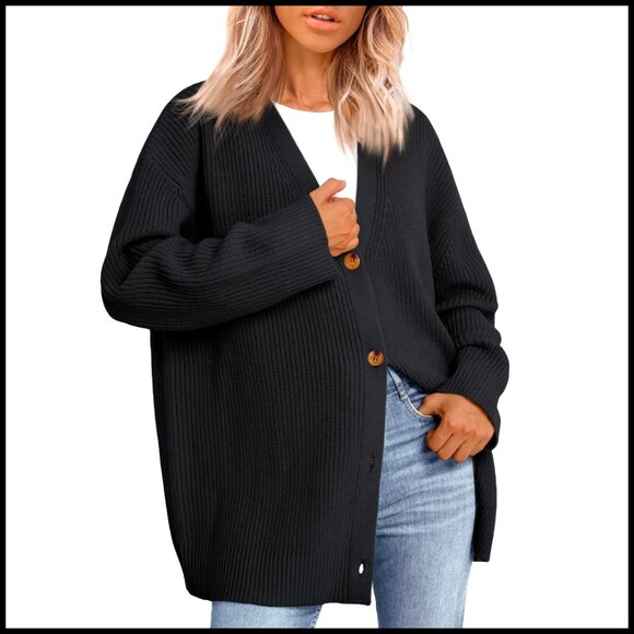 Sweaters - Oversized V-Neck Cardigan, Button Front, Knit Fabric, Casual Wear